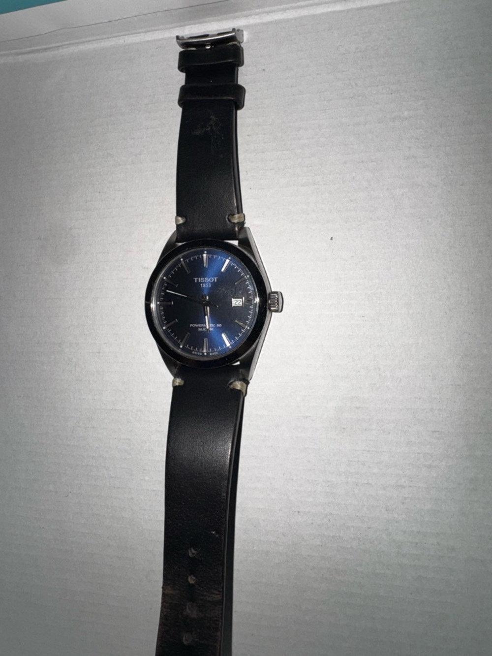Tissot Blue Dial Black Leather Strap Watch